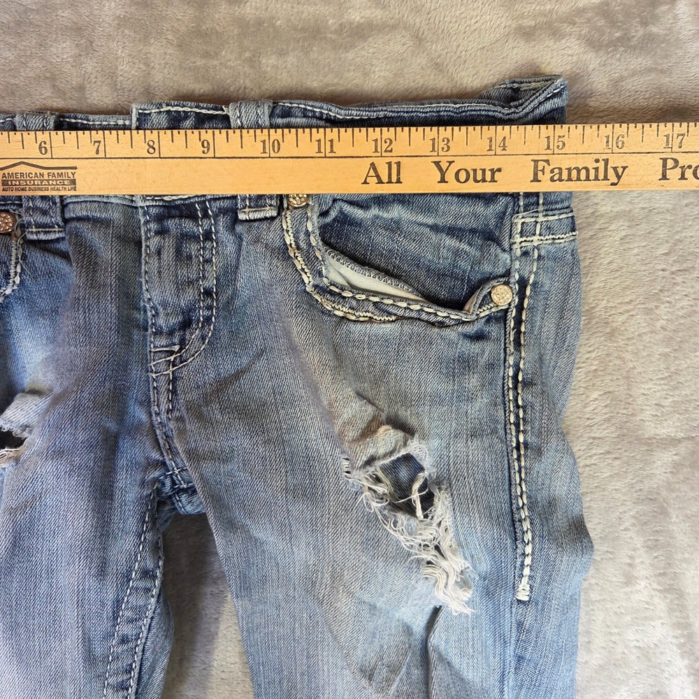 Daytrip Aquarius Flare Jeans 27S Medium Wash Distressed Rhinestone Low Rise Y2K - Picture 2 of 8